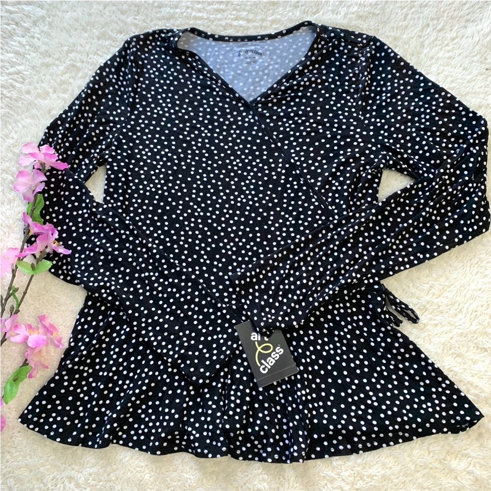 Art Class Girls Black White Long Sleeve Polka Dot Shirt - Size XL (14/16) NWT
